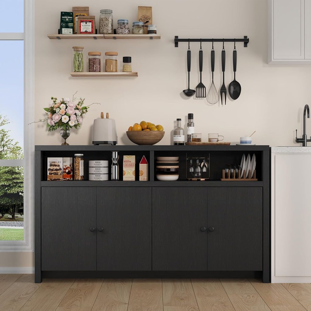 Buffet Sideboard Cabinet with Storage, 55" Large Farmhouse Kitchen Storage Cabinet with 4 Doors & Adjustable Shelves