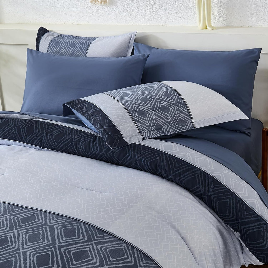 Blue Comforter Set,Striped Boho Bed in a Bag 7 Pieces Soft Fall Bedding Comforters Microfiber Mineral