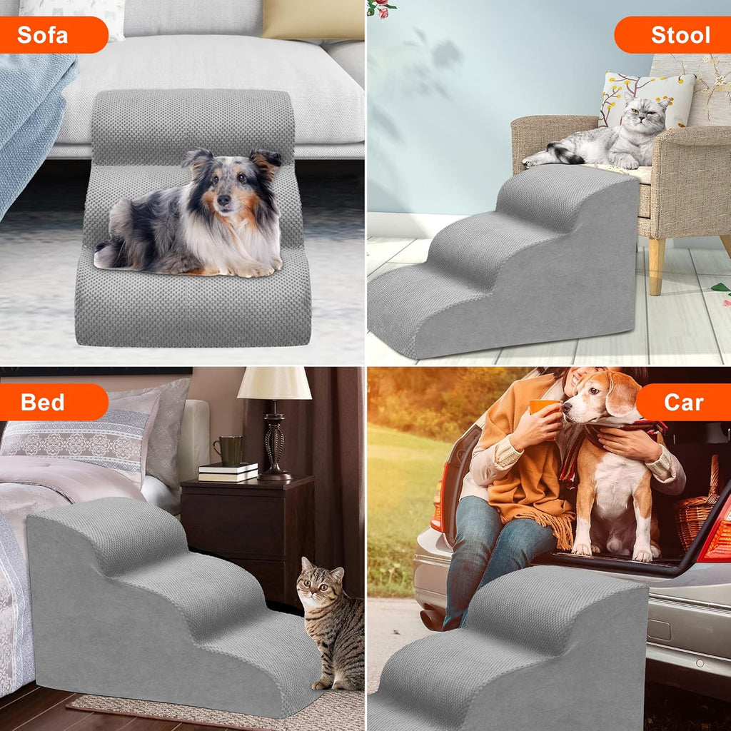 Dog Stairs for Small Dogs, 3 Tiers High Density Foam Dog Ramp, Extra Wide Non-Slip Pet Steps for High Beds Or Couch