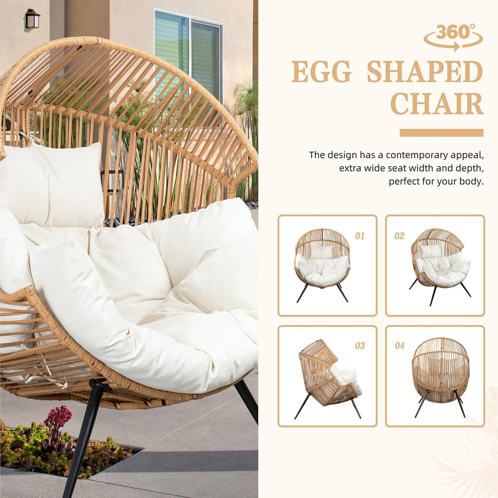 Outdoor Wicker Egg Chair PE Rattan Chair with Cushion, Oversized Patio Lounge Chair for Outdoor, Indoor, Balcony