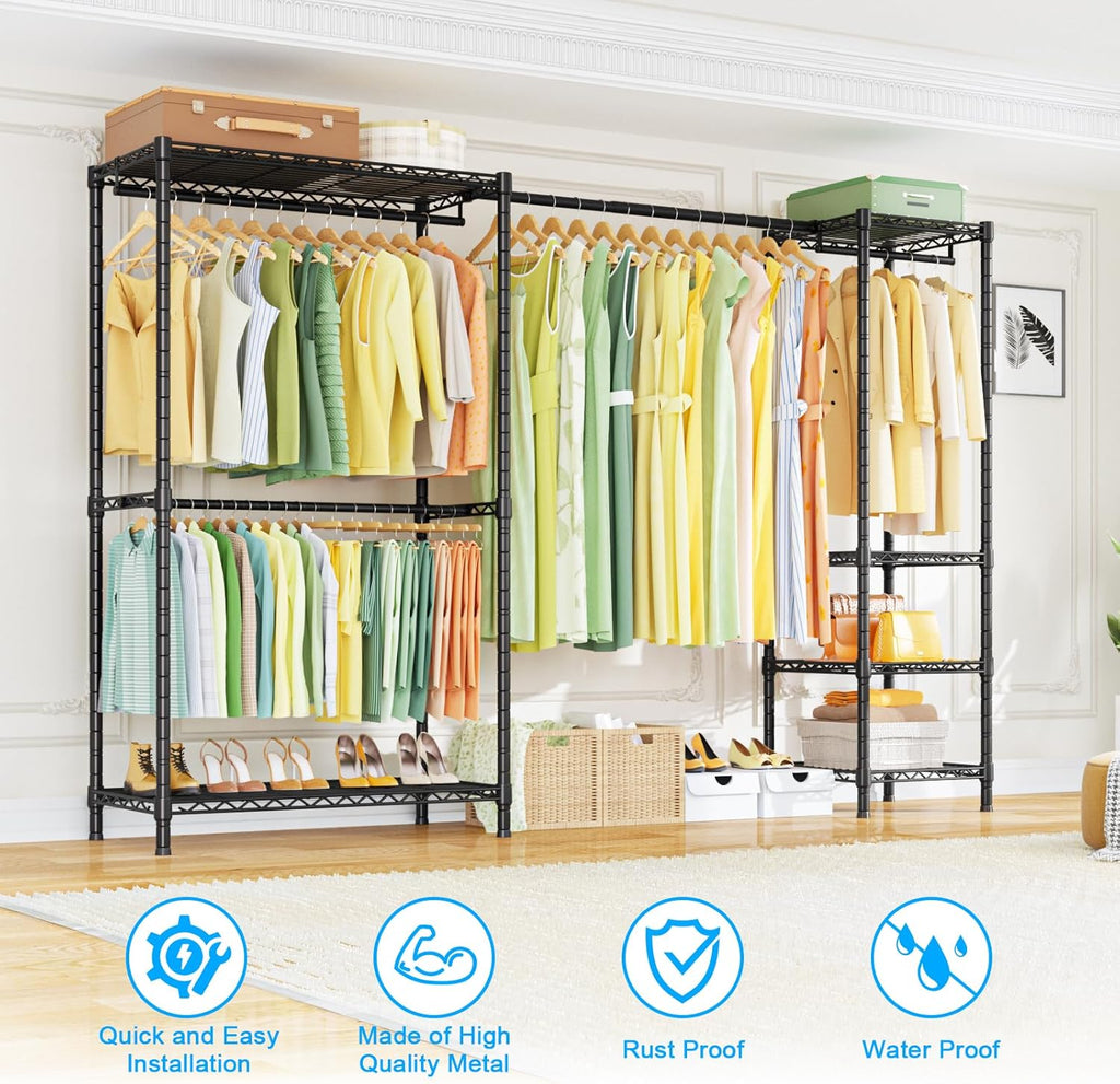 E10 Clothes Rack(With Stretchable Hanger Rod)Freestanding Clothing Racks for Hanging Clothes,Adjustable Closet