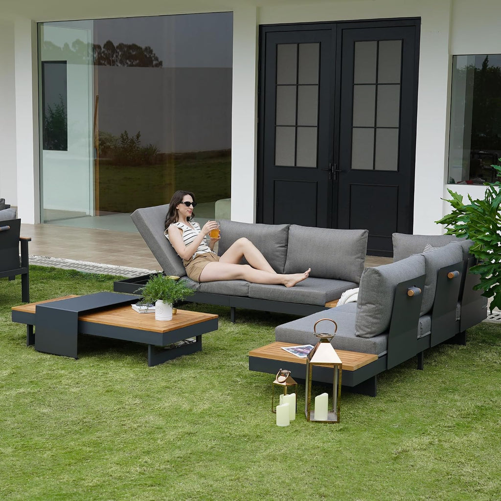 4 Piece Outdoor Conversation Sets, Teak & Aluminum Modular Sofa | Patio Sectional Sofa with Adjustable Backrests