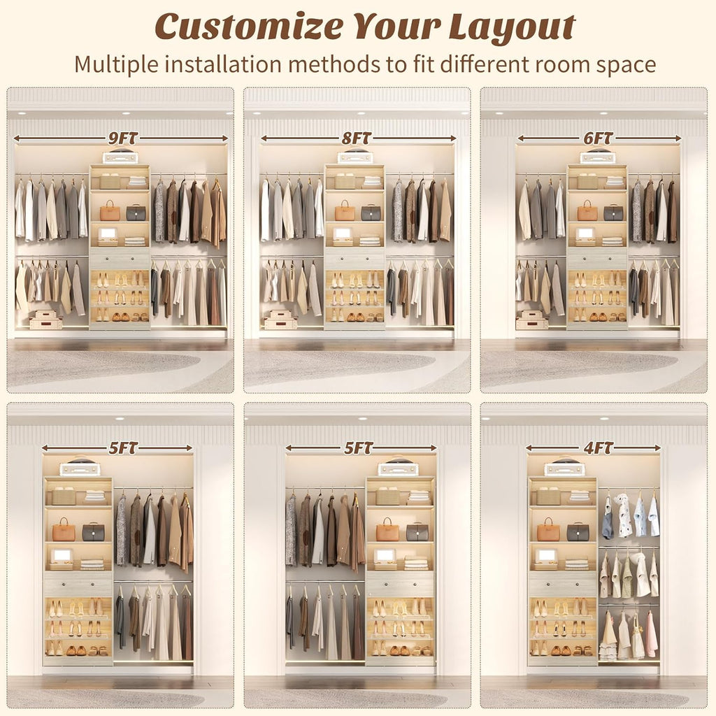 Wood Closet Organizer System - 4FT-9FT Expandable Wardrobe Closet with Drawer & 4 Hanging Rods, Heavy Duty Walk-in