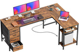 63 Inch L Shaped Desk with Fabric Drawers, Computer Office Desk with Power Outlets and USB-C Port