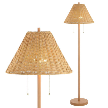 Nando 2-Light Coastal Rattan Floor Lamp 61", Brown Wood Finish