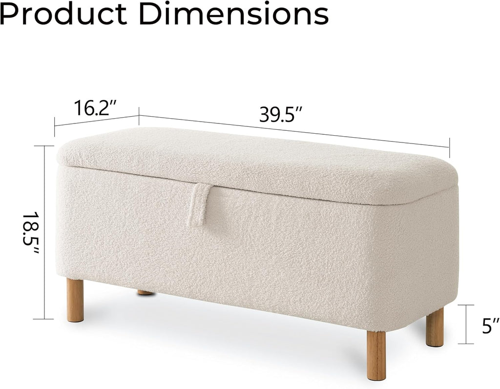 Boucle Storage Ottoman Bench end of Bed, Sherpa Upholstered Shoe Seat Storage Bench Bed Foot, Rectangle Cushion