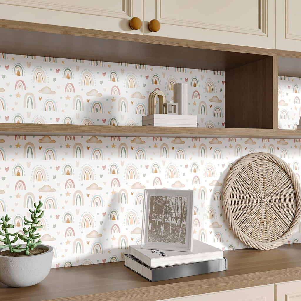 17.7"x236" Boho Wallpaper Peel and Stick Rainbow Wallpaper Kids Rainbow Cloud Heart Star Vinyl Roll Removable Self