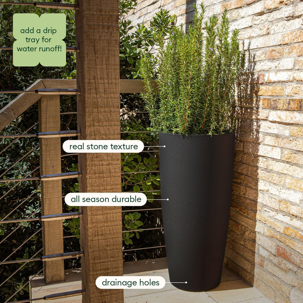 Mason Series Vega Planter - Tall Round Outdoor Planter with Shelf | Made From a Durable Plastic-Stone Composite