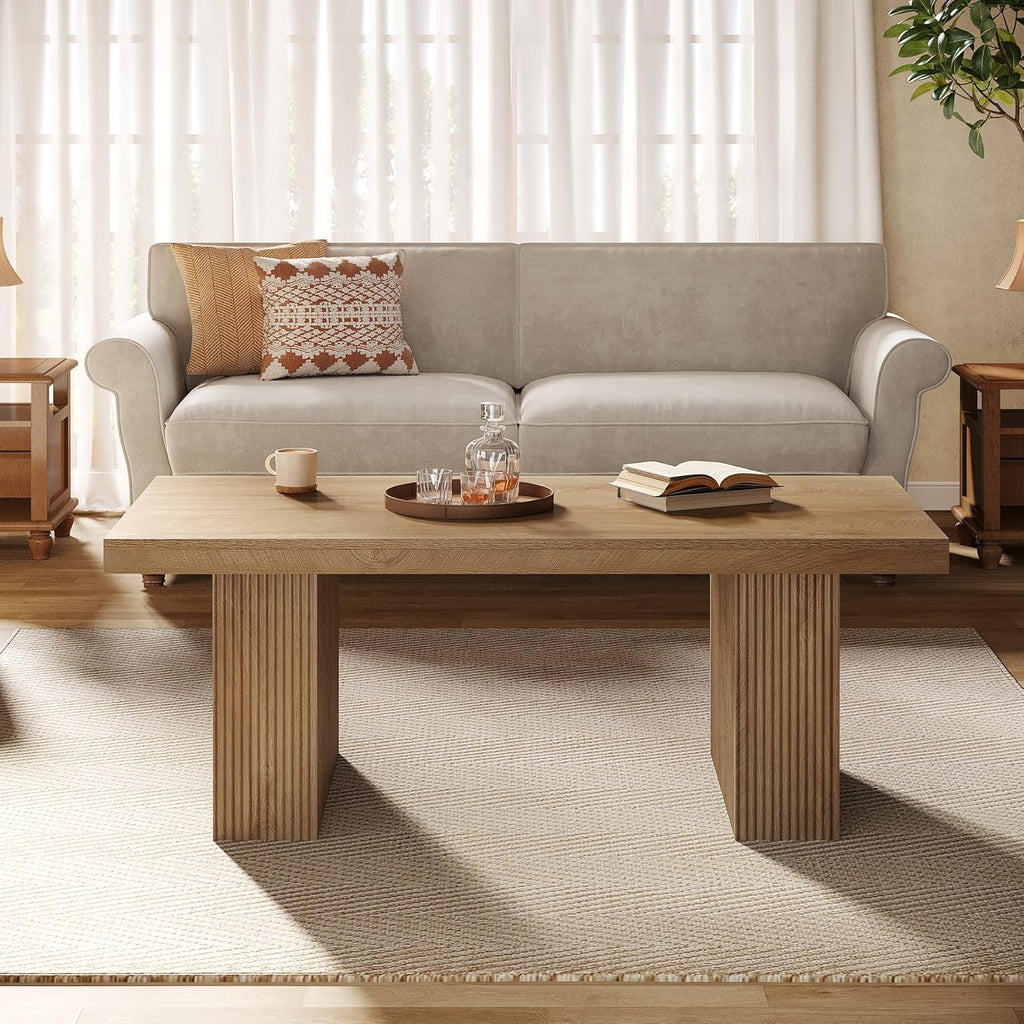 Farmhouse Coffee Table, 47.24 Inch Rectangle Center Table with Large Tabletop & Thick Base, Rustic Wooden Furniture