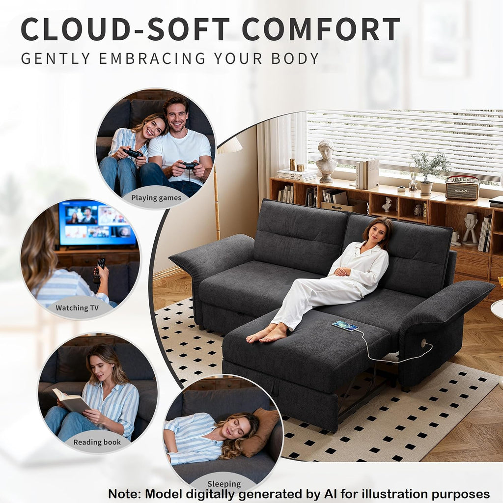 85'' Full Size Sleeper Sofa, Flannel Pull Out Couches, Flannel Dark Grey | 3 in 1 Convertible Sofa, Assembly for