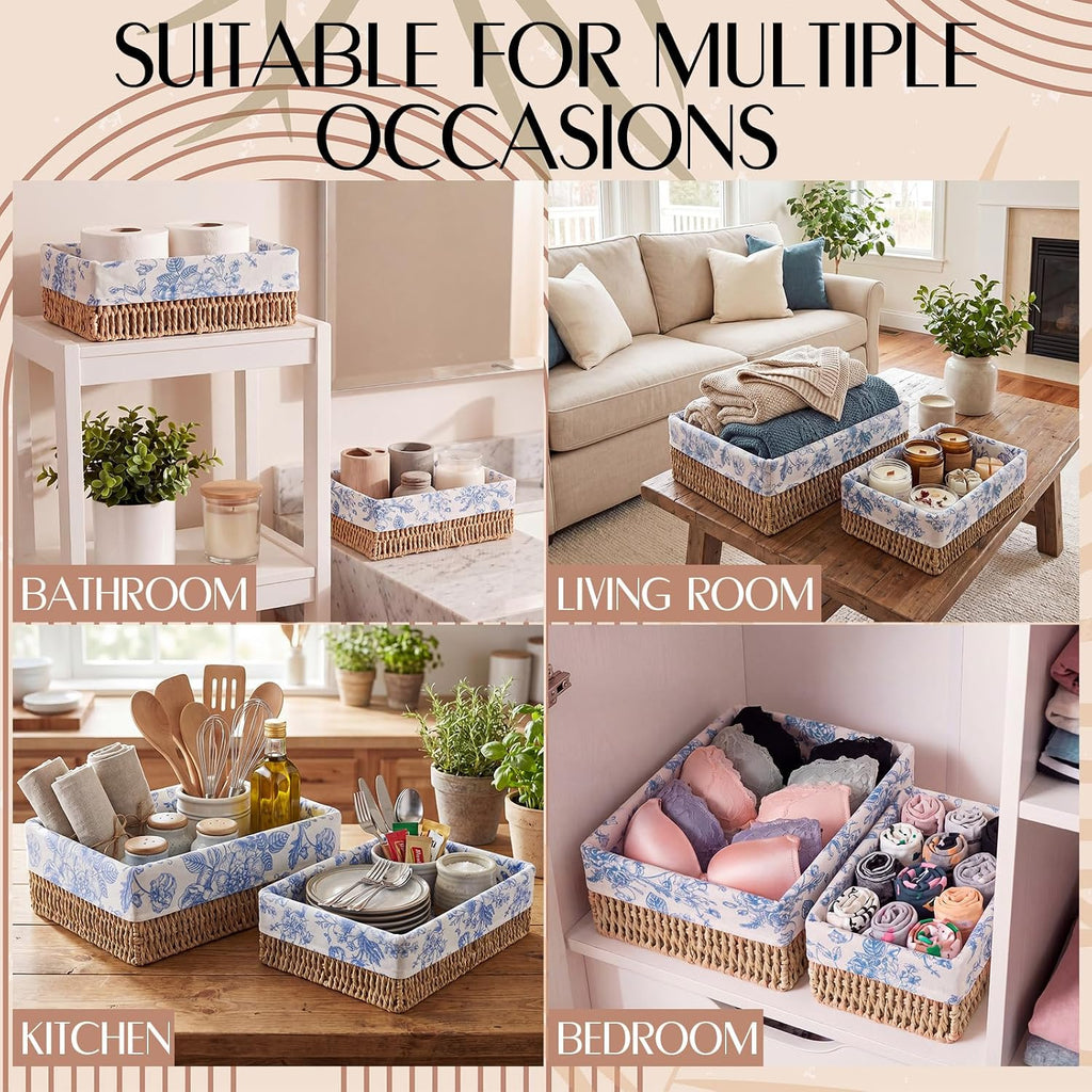 Blue Floral Toilet Paper Storage Basket Set of 2 Chinoiserie Floral Decorative Wicker Bathroom Organizer for Toilet