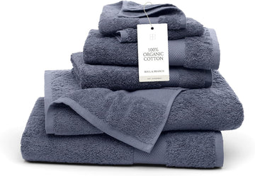 Plush Bath Towel Set, 6 Pieces, Mineral | 2 Bath Towels, 2 Hand Towels & 2 Washcloths - 100% Organic Cotton - Ultra