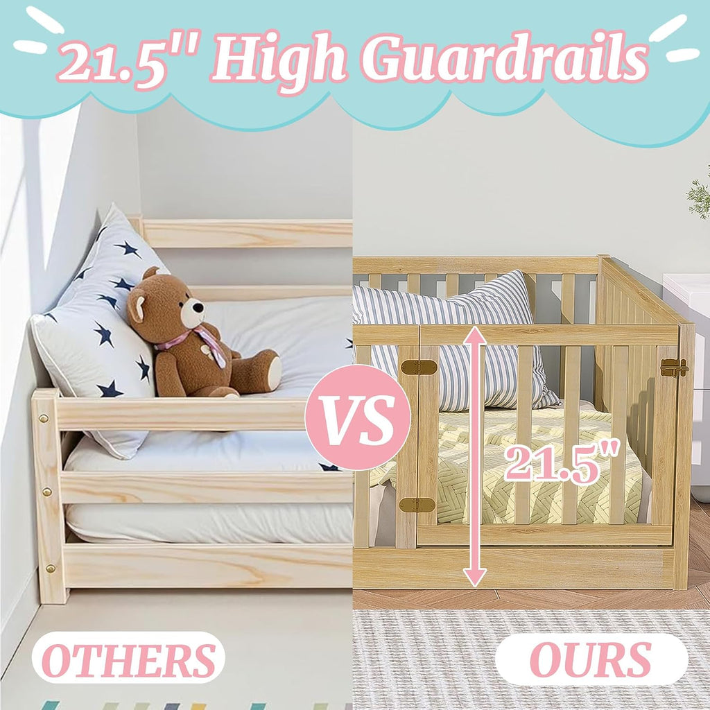 Full Size Montessori Floor Bed with High Rails and Slats, Solid Wood Floor Bed Frame with Door,Full Low Wooden Kids