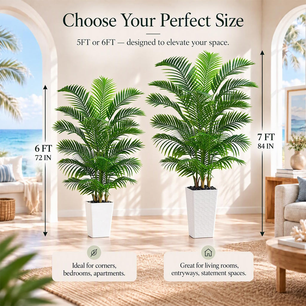 Artificial Palm Tree:7FT Tall Fake Areca Palm Plant (White Planter)