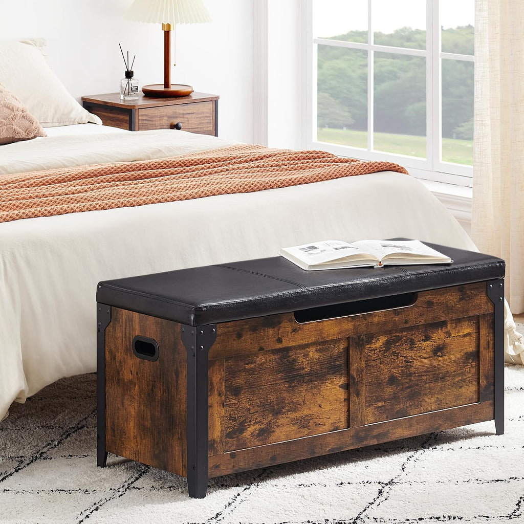 Storage Chest, Wooden Storage Trunk with Metal Frame, Entryway Shoes Bench with Cushion, Large Storage Organizer