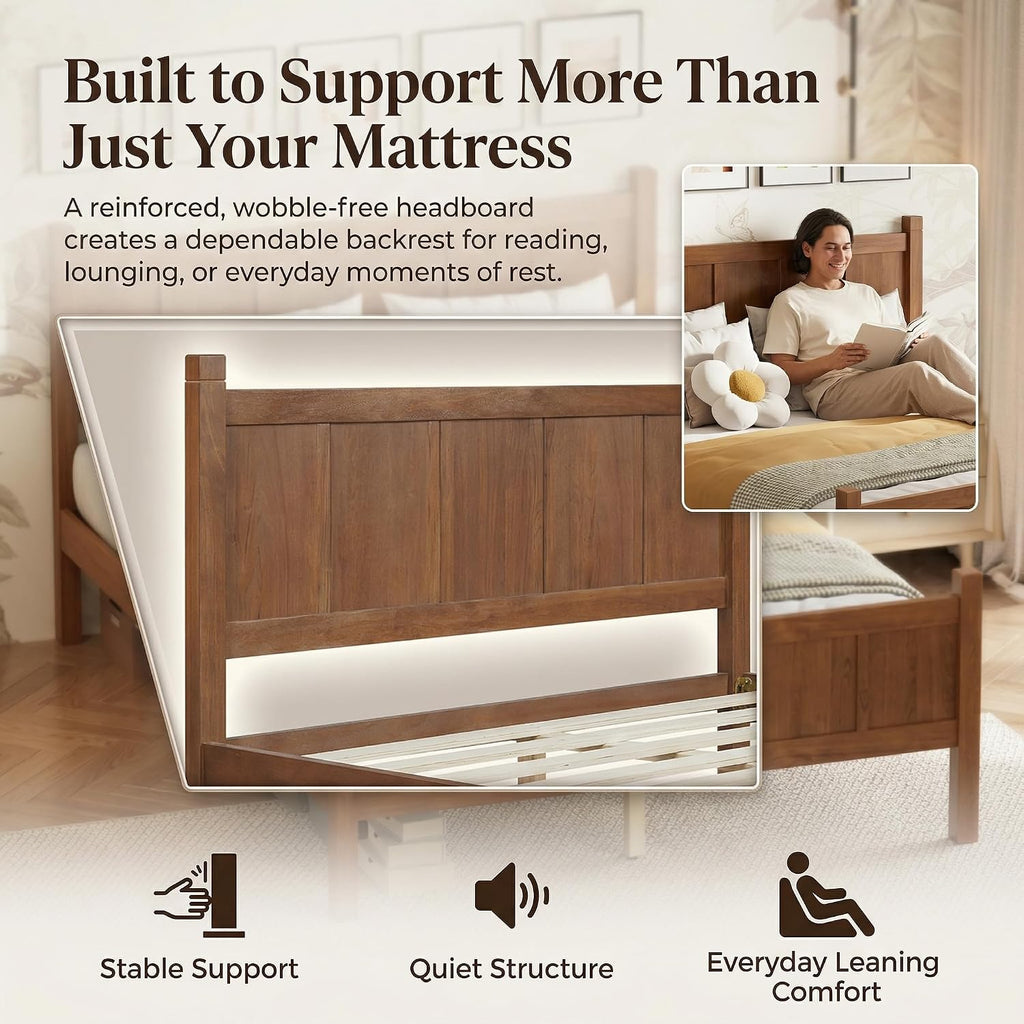Twin Platform Bed Frame with Headboard & Footboard, Modern Farmhouse Wood Grain Flat Panel Bed for Kids, Teens, Small