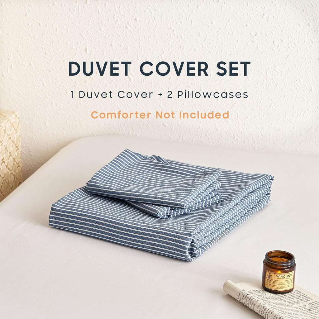Striped Cotton Duvet Cover Set, 100% Washed Cotton Textured Bedding Set, Ticking Stripe Pinstripe Farmhouse, 3