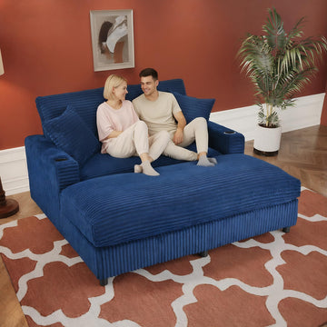 60" Oversized Chaise Lounge Chair Indoor with Charging Port, Wood Frame Sleeper Chair, Comfy Reading Chair w/ 2 Cup