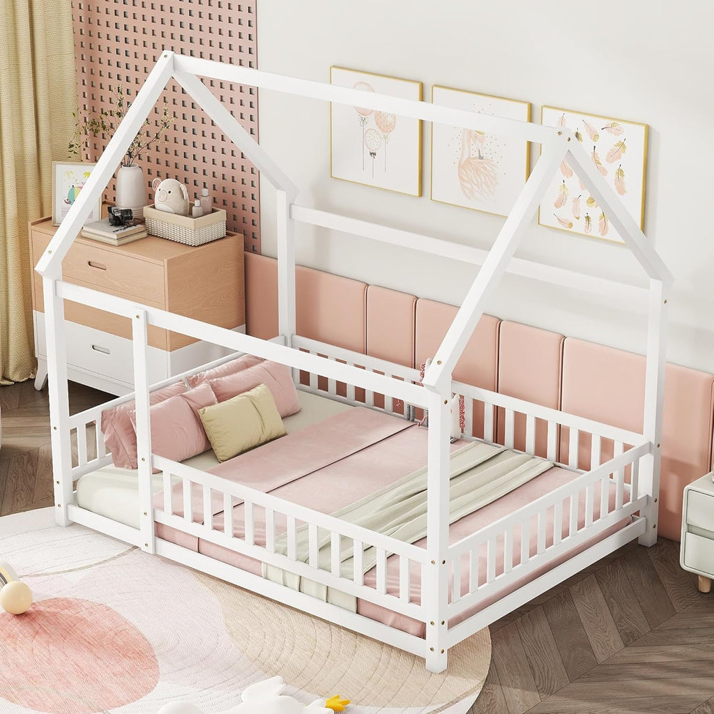 Full Size House Floor Bed,Wooden Montessori Bed with Fence and Roof for Kids,Playhouse Full Bed Frame for