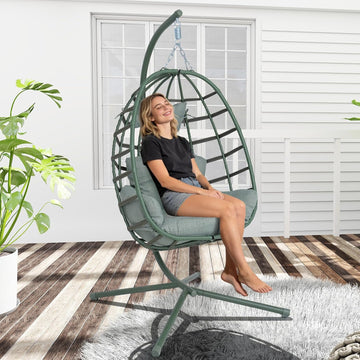 Hanging Egg Chair with Stand Outdoor Indoor Patio Rattan Swing Hammock Chairs with Washable Cushion 350lbs Capacity