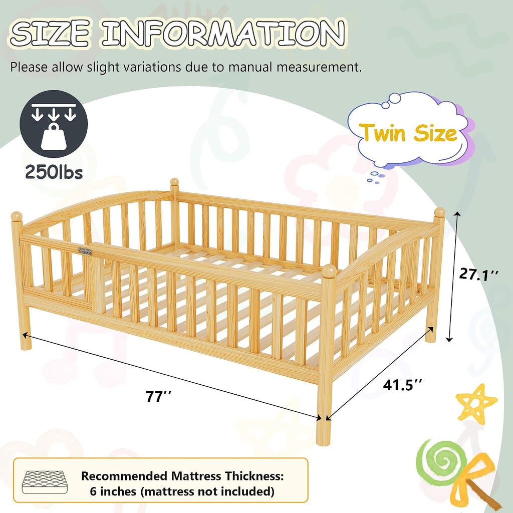 Twin Montessori Floor Bed Frame with High Rails and Door, Low-Profile Wood Kids Bed Frame with Slats, Twin Size
