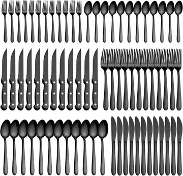 72 Pieces Black Silverware Sets for 12 - Dishwasher Safe, Flatware Set with Steak Knives, Stainless Steel Cutlery Set
