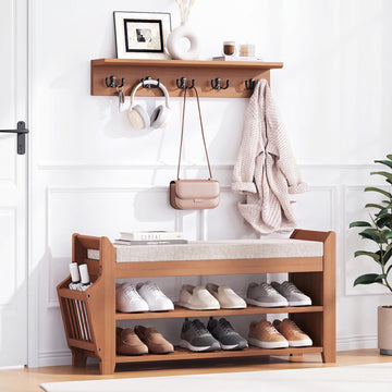 31.5" Shoe Bench with Coat Rack Hidden Drawer and Side Holder, 2 Tier Entryway Bench with Storage, Bamboo Shoe Rack