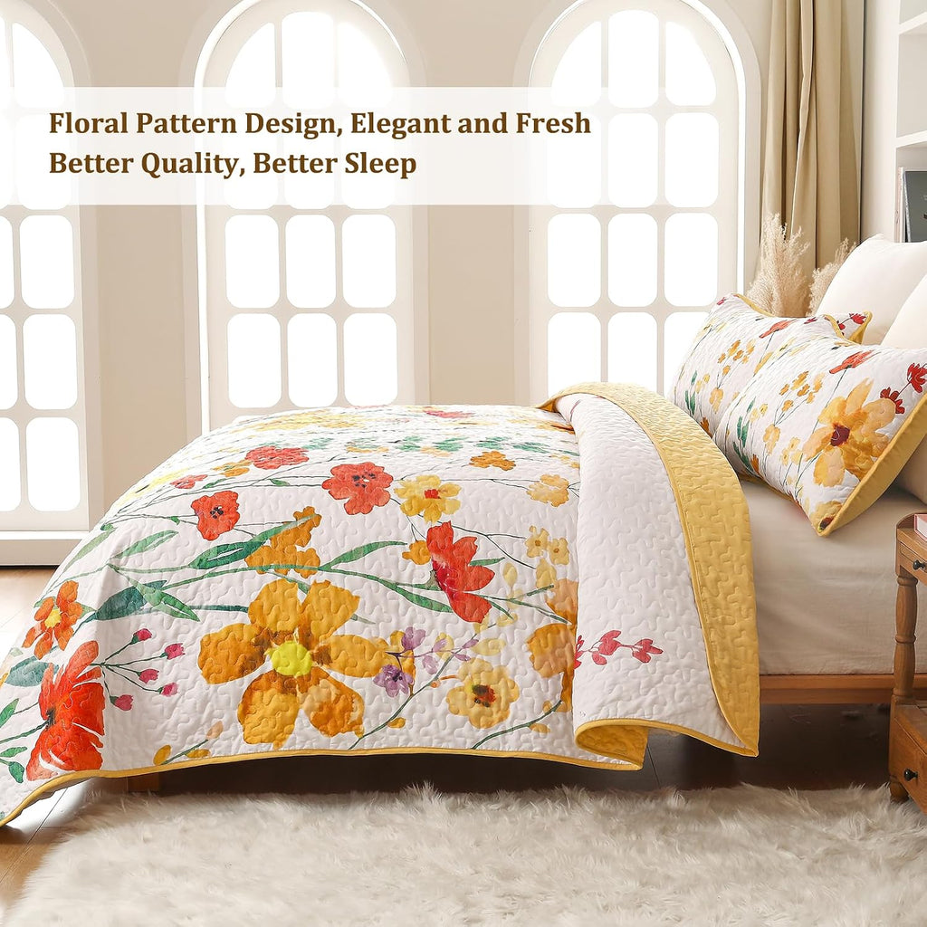 Quilt Set, Yellow Floral Reversible Bedspread Soft Microfiber Lightweight Quilt Bedding Sets Reversible