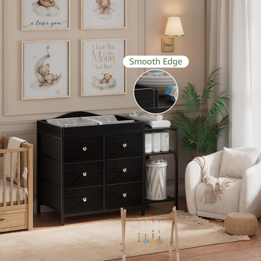 Baby Dresser with Changing Table Top, Black Changing Table Dresser with 6 Fabric Drawers Diaper Changing Station with