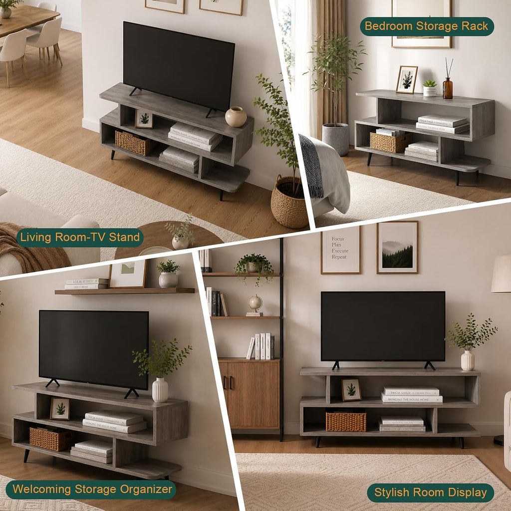 45 inch TV Stand, Mid Century Modern TV Stand, Entertainment Center with 3-Tier Open Storage Shelves, Media Cabinet