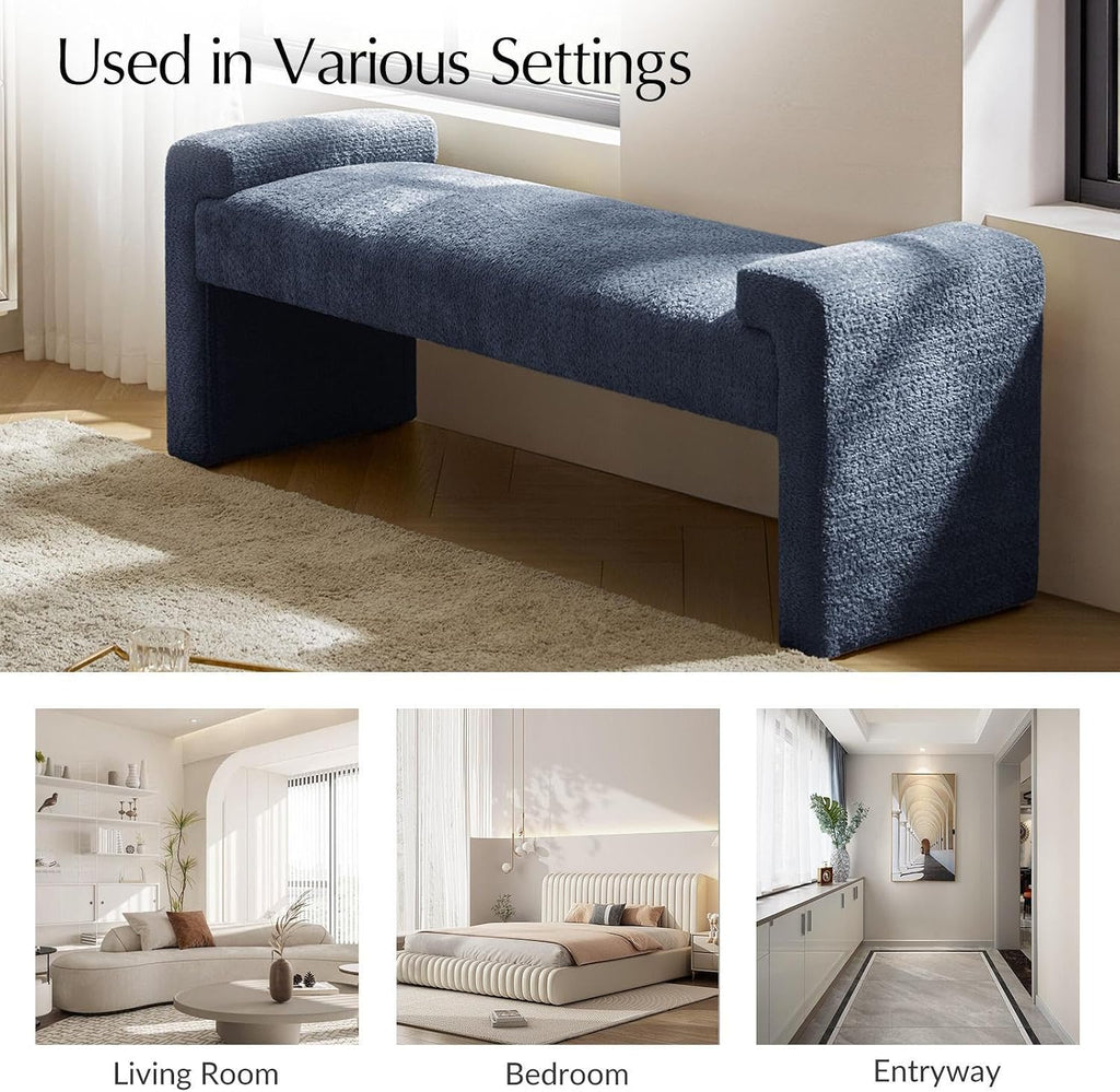 58" Boucle Upholstered Bedroom Bench with Arm Tray, Slate-Blue | End of Bed Bench with Wood Legs, Fabric Entryway