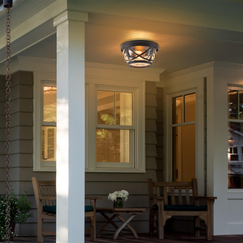Bronze Flush Mount Ceiling Light Fixtures, 2-Light Ceiling Mount for Industrial with Seeded Glass Lampshade, Modern