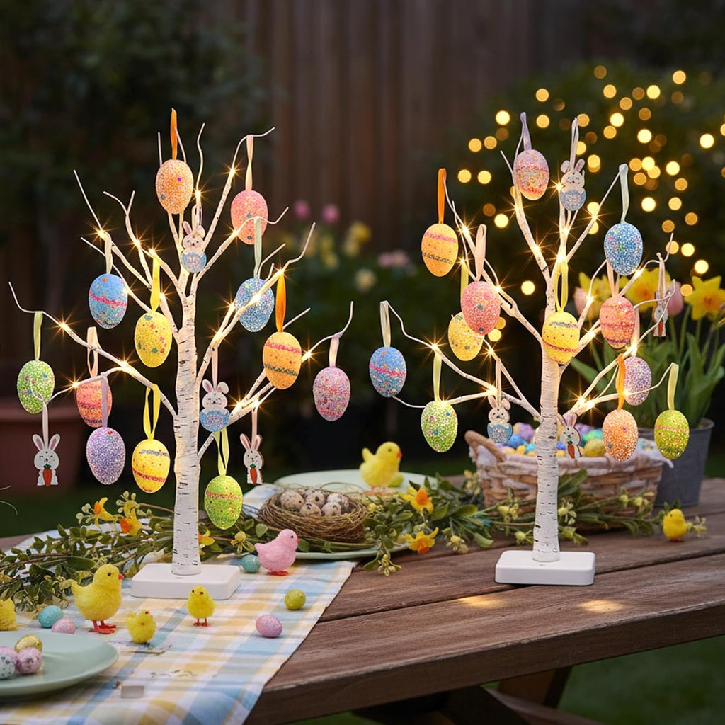 Easter Egg Tree Lights, 22 Inch Easter Trees Battery Operated with Timer, Lighted White Birch Tree Tabletop - Set of 2