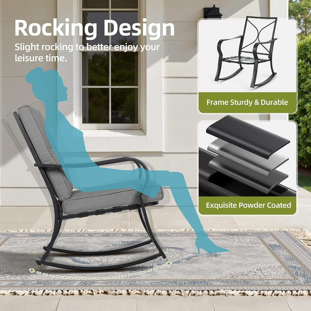 Outdoor 3-Piece Rocking Chairs Patio Bistro Set Black Steel Furniture with Thickened Cushion and Glass-Top Coffee