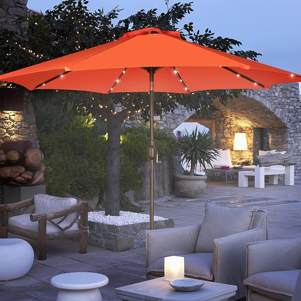 9 ft Solar Umbrella, 32 LED Lighted Patio Umbrella, Table Market Umbrella, Outdoor Umbrella Pool and Beach (Orange)