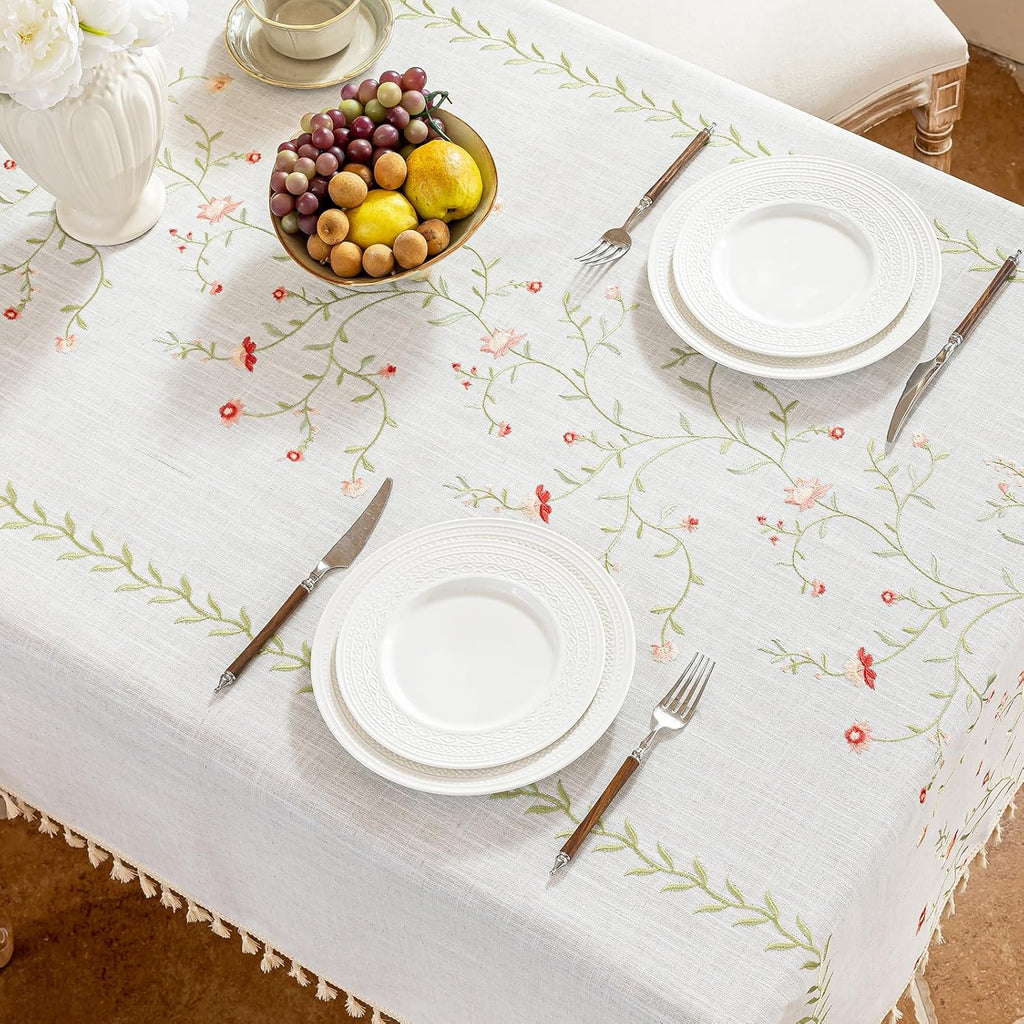 Rectangle Tablecloth 55" x 75", Pink Floral Embroidered Table Cloth with Tassels, Farmhouse Rustic L