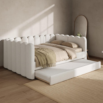Queen Size Upholstered Daybed with Trundle Bed, Bouclé Fabric Scalloped Wave Shaped Frame, Platform Sofa Bed with