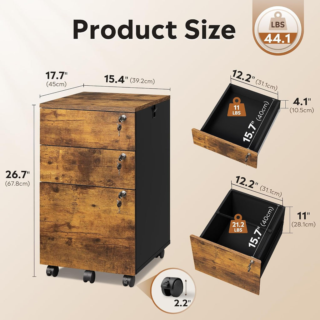 3 Drawer Wood File Cabinet with Individual Locks, Rustic Brown | Mobile Printer Stand with Wheels, Wood Filing
