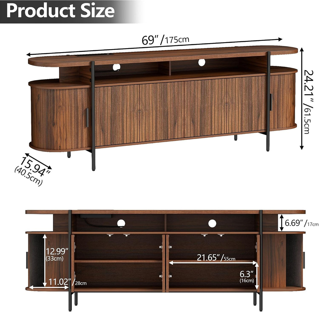 69" Mid Century Modern TV Stand, Curved Entertainment Center with LED Light & Power Outlet, Fluted Wood TV Stand for TVs up to 80'',Media TV Console Table with Sliding Doors for Living Room, Walnut
