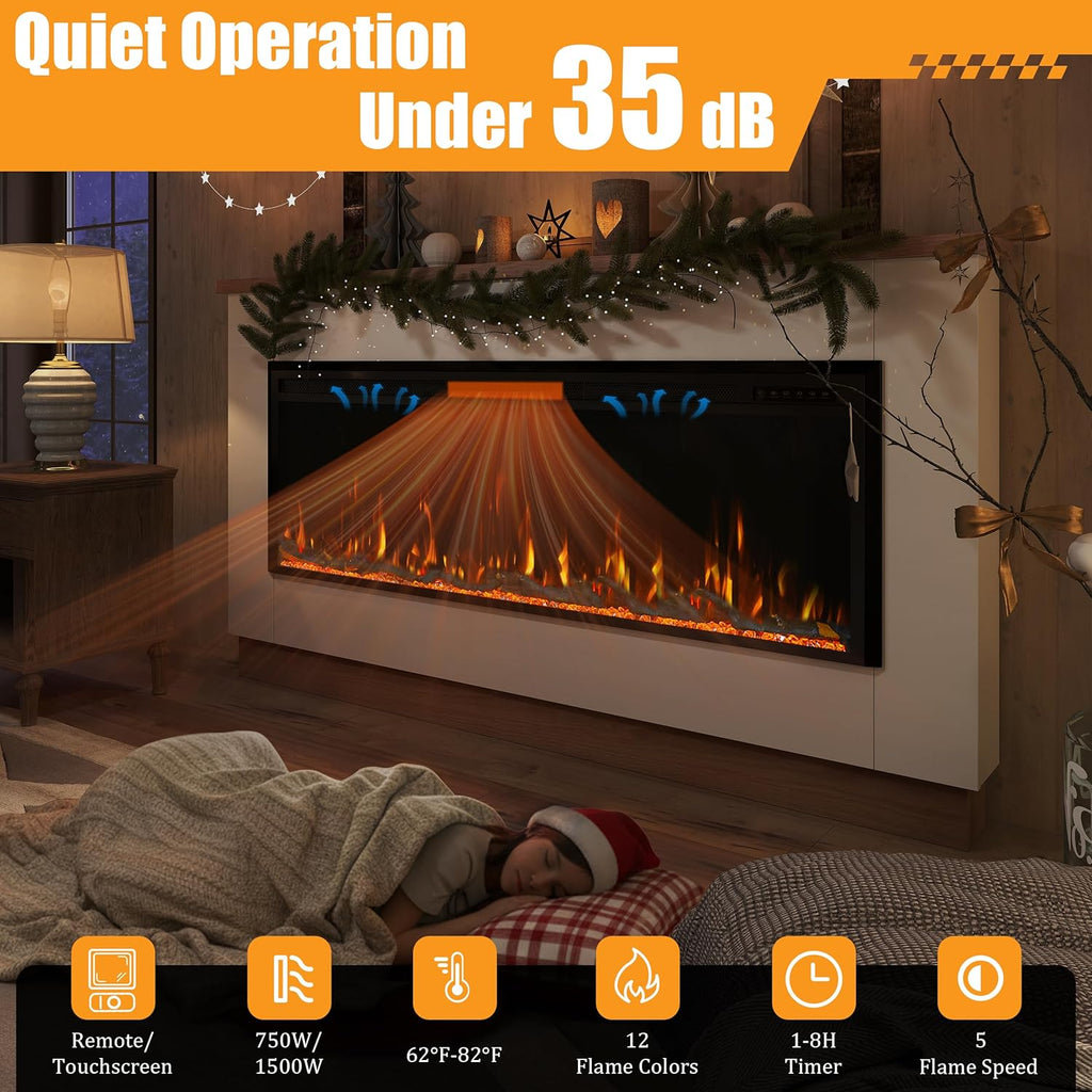 70" Electric Fireplace with Mantel for 60" Insert, Ultra-Thin 5.5" Surround, 750/1500W Heater with 12 Flame Effects