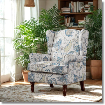 Modern Wingback Accent Chair with Solid Wood Legs and Cushion, Comfy Upholstered Floral Pattern Armchair, Retro