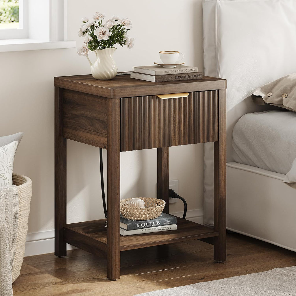 Night Stand Set 2, Fluted Nightstand with Charging Station, Wood Modern Bedside End Table with Storage Drawer , Save