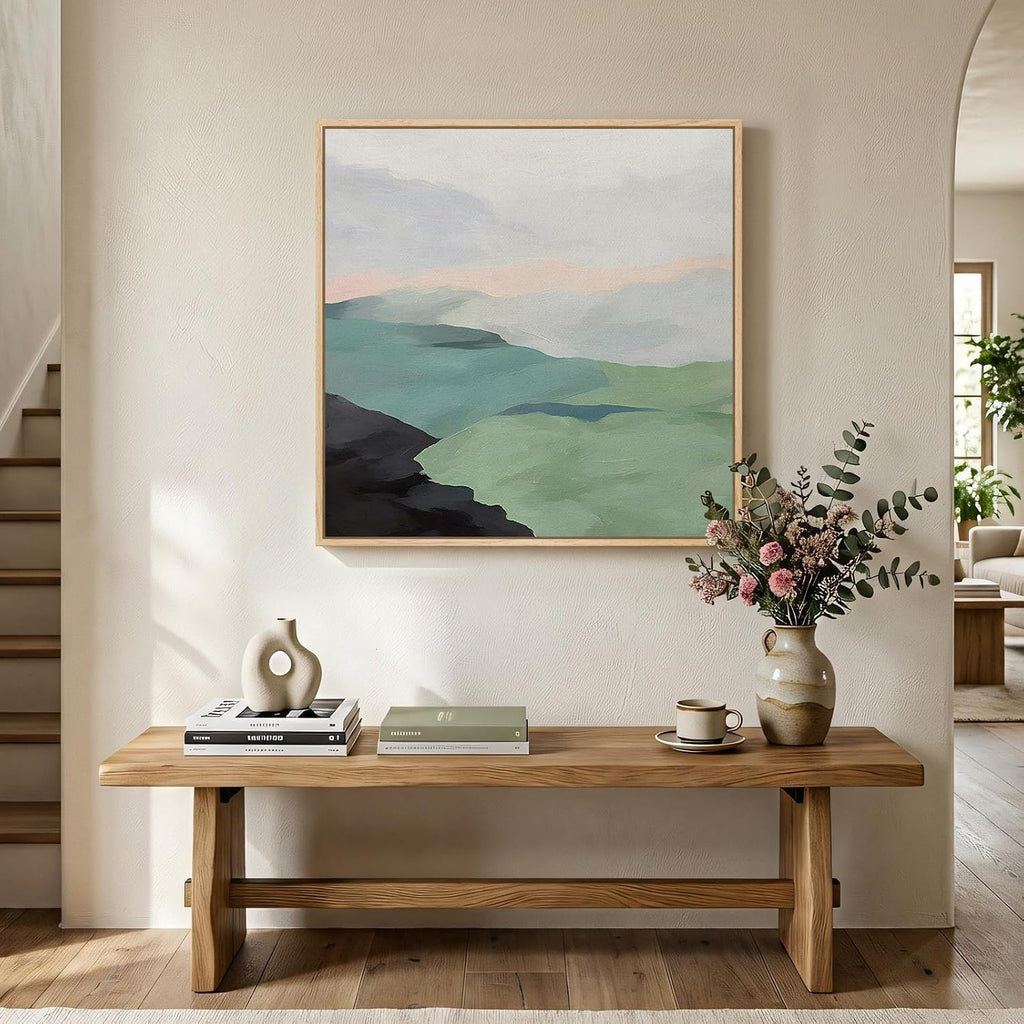 Framed Modern Neutral Green Landscape Abstract Wall Art, Square Minimalist Canvas Prints Paintings for Walls, Sage