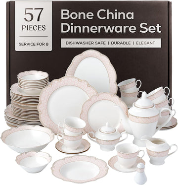 Sandra" 57-Piece Bone China Dinnerware Set, Service for 8, Blush Pink and Gold