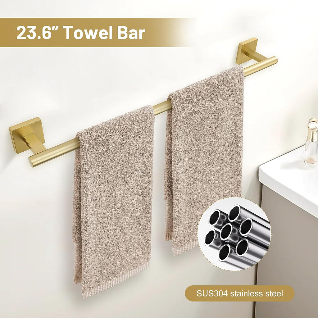 Brushed Gold 5 Piece Bathroom Hardware Accessories Set, SUS304 Stainless Steel Bath Towel Bar Set, 24 Inch Round