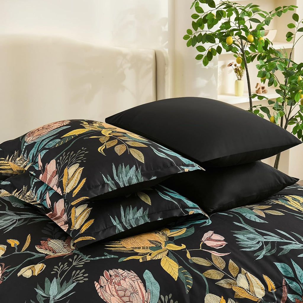 Comforter Set 7 Pieces Bedding Sets, Black Floral Comforter and Sheet Set