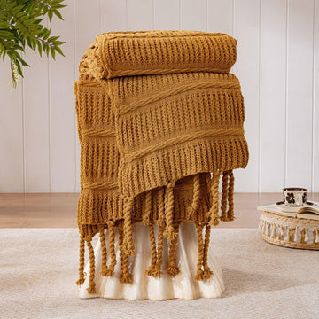 Boho Knitted Chenille Blanket with Tassels - Lightweight & Soft All-Season Throw - 3D Classic Pattern Bedroom Couch