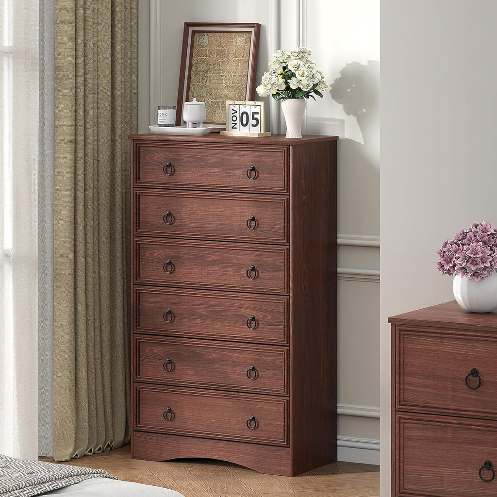 Cherry Wood Dresser 52" Tall , Wood 6 Chest Drawers, 6 Drawer Dresser, Storage for Clothes, Narrow Large Drawers