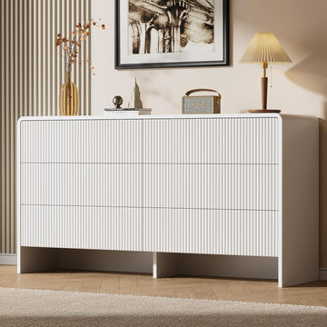 55" Wide Modern Dresser , 6 Drawer Chest of Drawers with Curved Design, Push-to-Open Storage Dresser, White