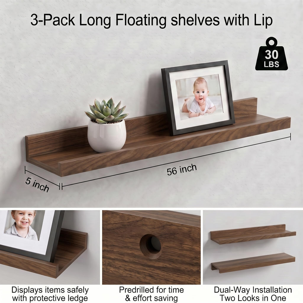 Floating Shelves for Wall, 56" Picture Ledge Shelf, Black Walnut